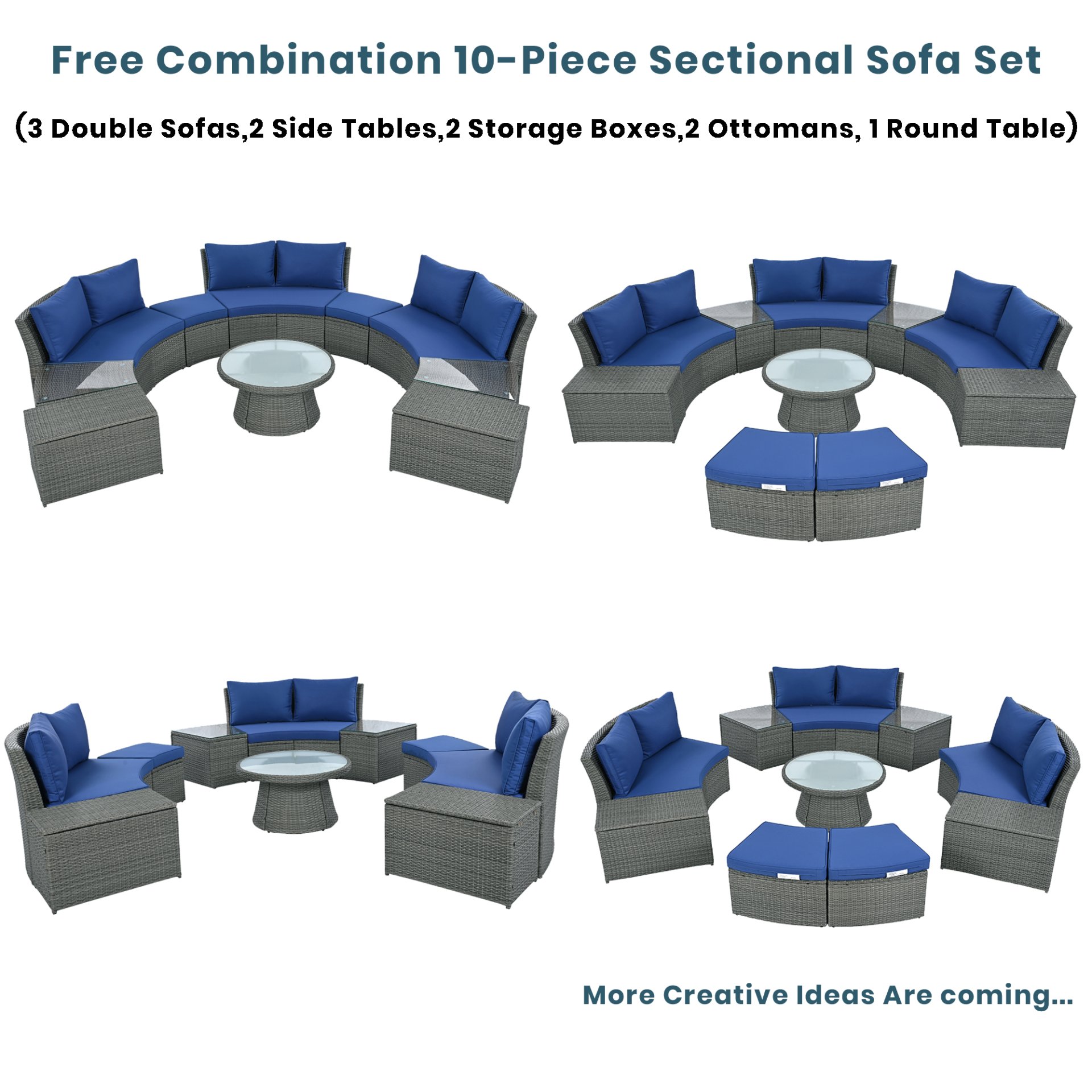 10 Piece Outdoor Sectional Half Round Patio Rattan Sofa Set, Wicker Conversation Furniture Set For Free Combination - Blue - Image 10