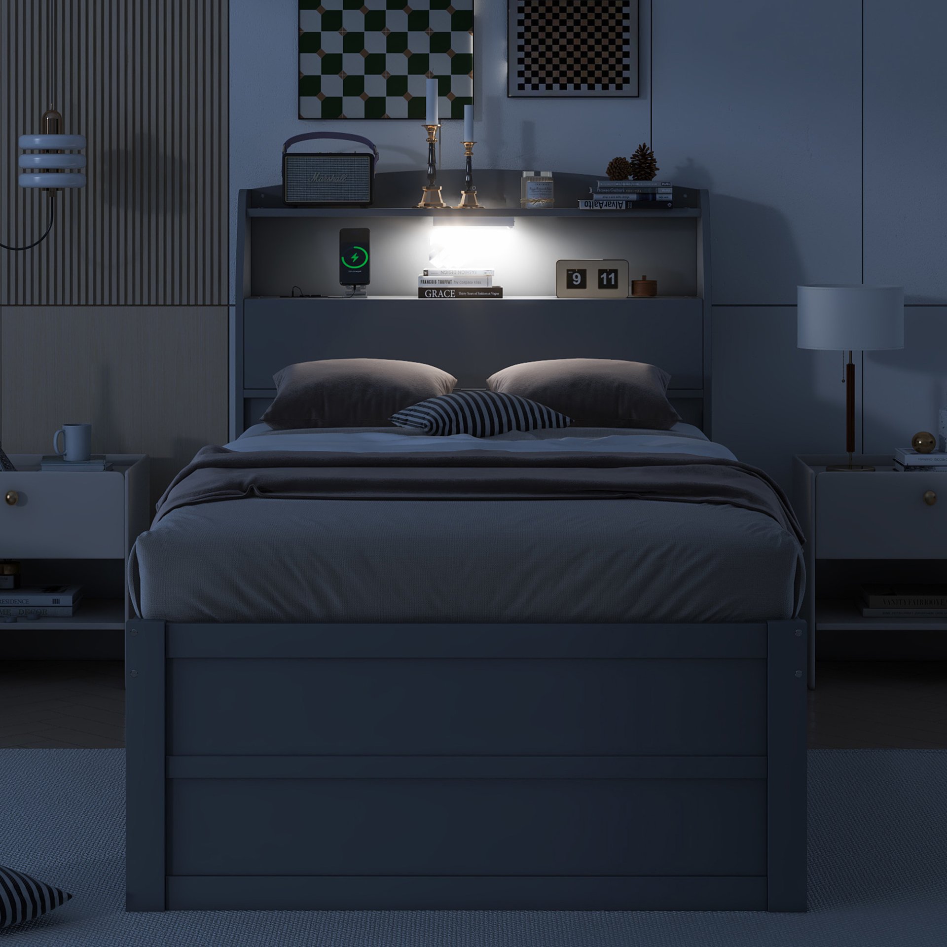 Twin Size LED Platform Bed With Trundle With Storage Headboard With Drawers - Gray - Image 4