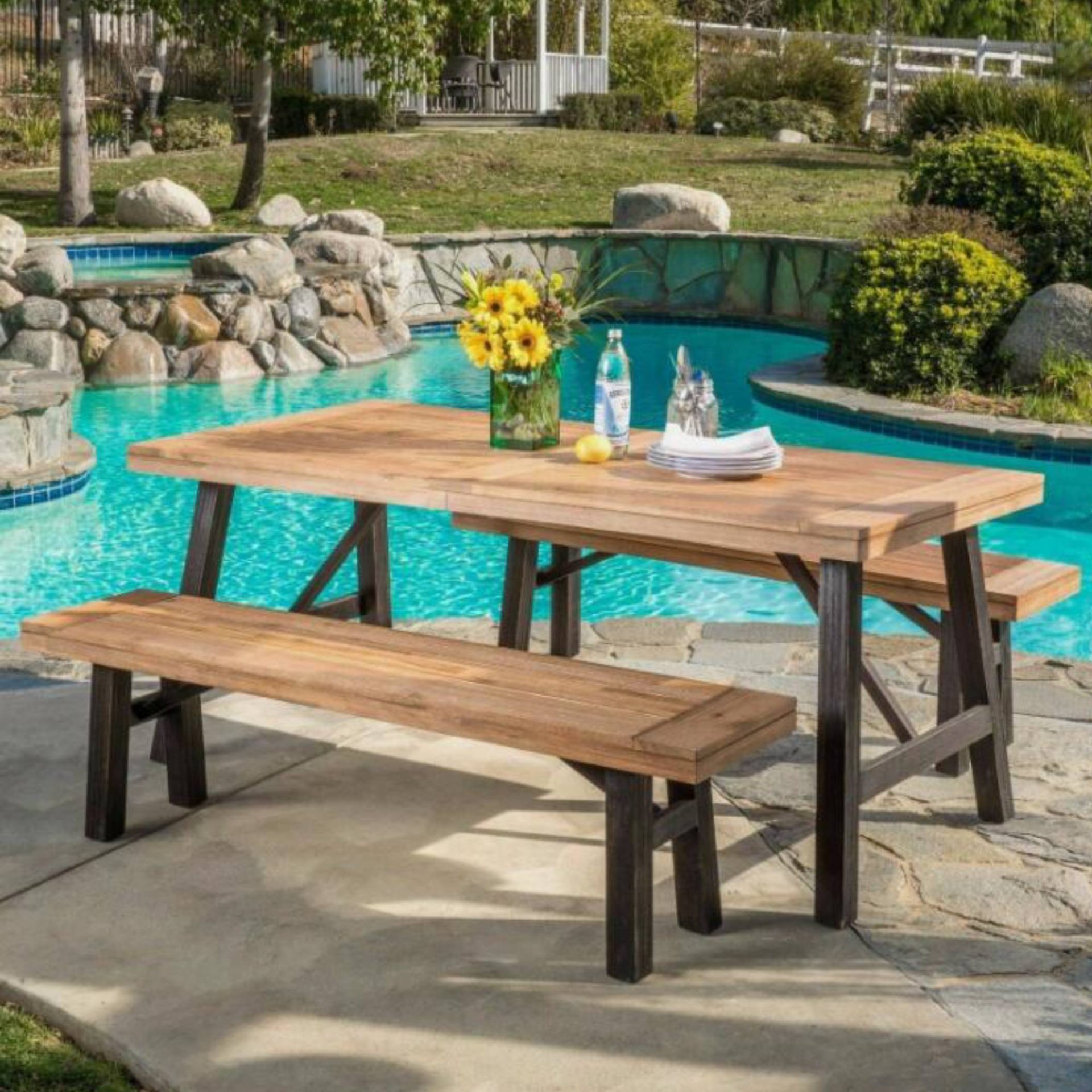 Outdoor Dining Set With 2 Bench And 1 Dining Table - Light Brown - Image 2