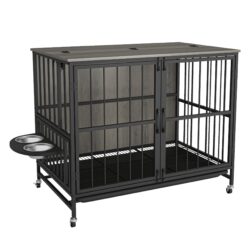 Modern Kennel Dogs Room Up To 80 Lb, Dog Crate Furniture With Multi-Purpose Rremovable Ttray, Double-Door Dog House, Lift Panel, 360 Degree Rotation, 3 Height Adjustable Feeding Bowls - Antique Gray