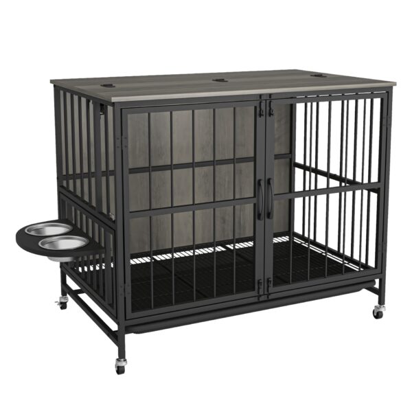 Modern Kennel Dogs Room Up To 80 Lb, Dog Crate Furniture With Multi-Purpose Rremovable Ttray, Double-Door Dog House, Lift Panel, 360 Degree Rotation, 3 Height Adjustable Feeding Bowls - Antique Gray