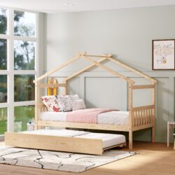 Twin Size House Bed With Twin Size Trundle - Natural