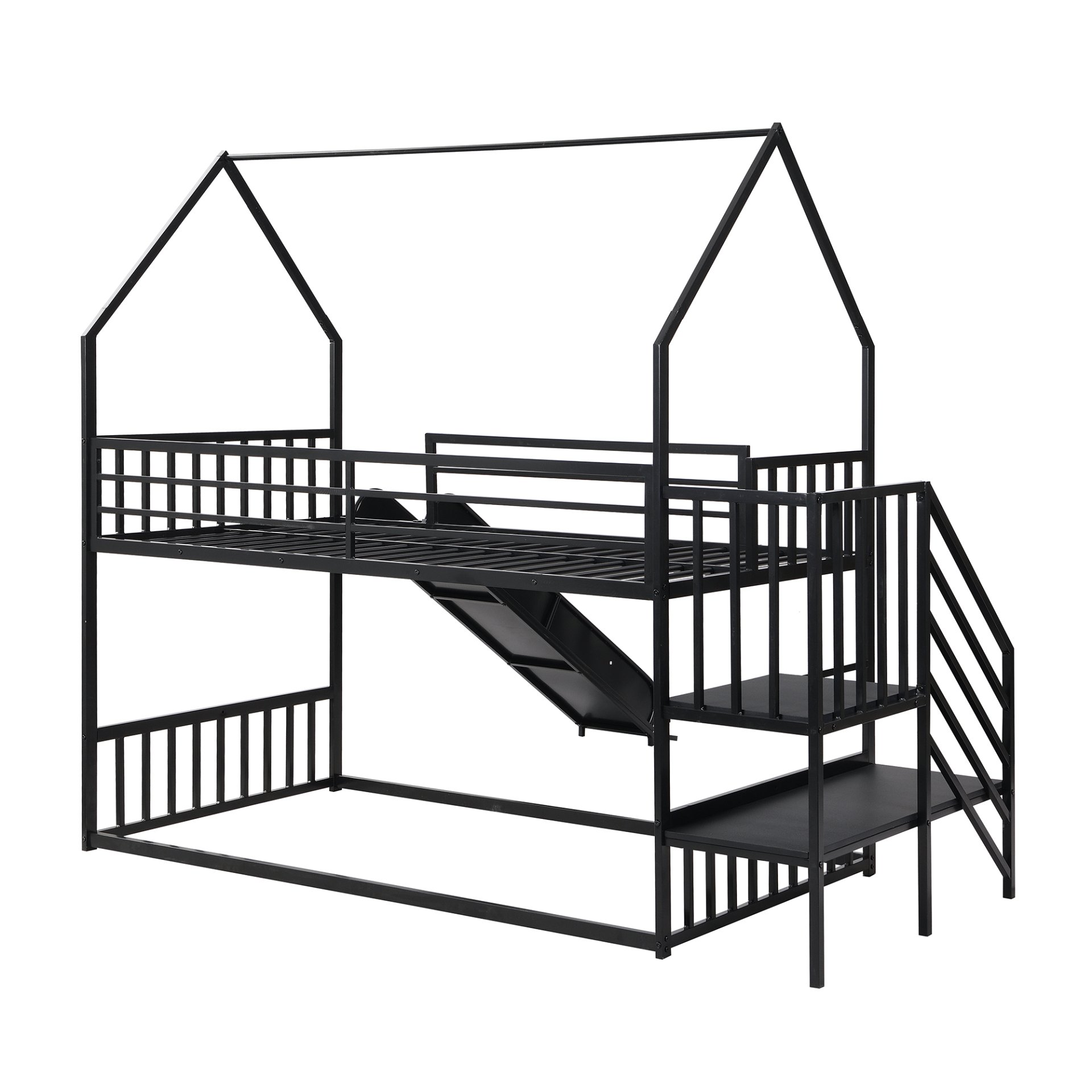 Twin Size Metal Bunk Bed House Bed With Slide And Staircase - Black - Image 6