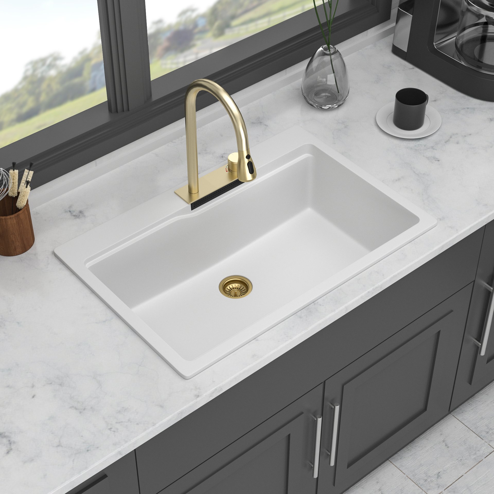Drop In Waterfall Kitchen Sink With Pull Out Faucet - White - Image 8