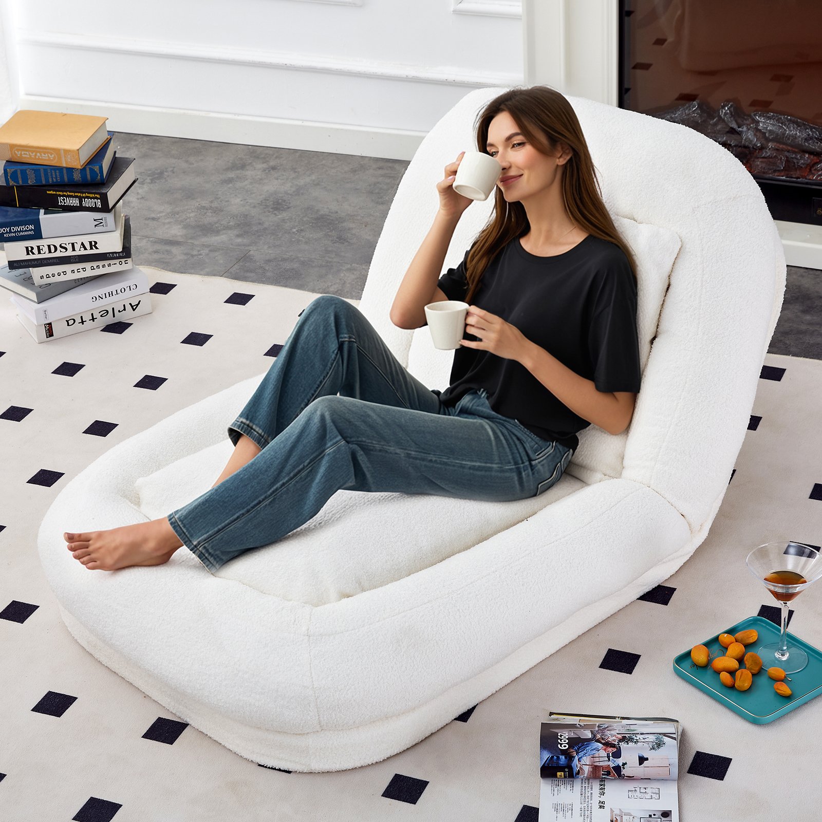 Modern Folding Sofa Chair With Adjustable Positions Plush For Gaming And Relaxation - Beige - Image 5