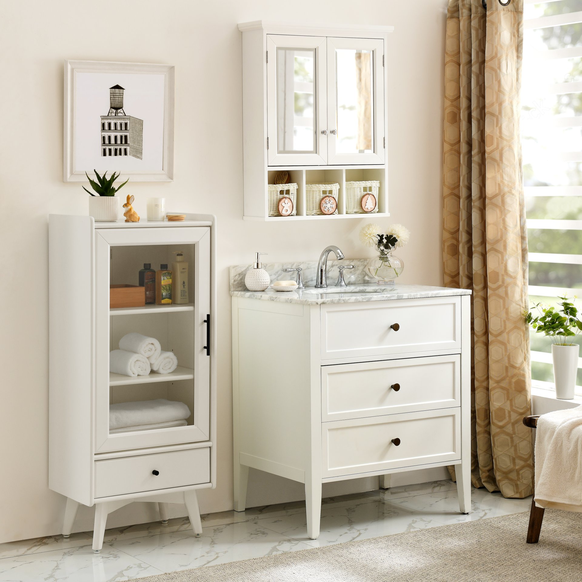 Bathroom Storage Cabinet, Medicine Cabinets For Bathroom With Mirror, 2 Doors 2 Adjustable Shelf & 3 Christmas Style Storage Basket - White - Image 6