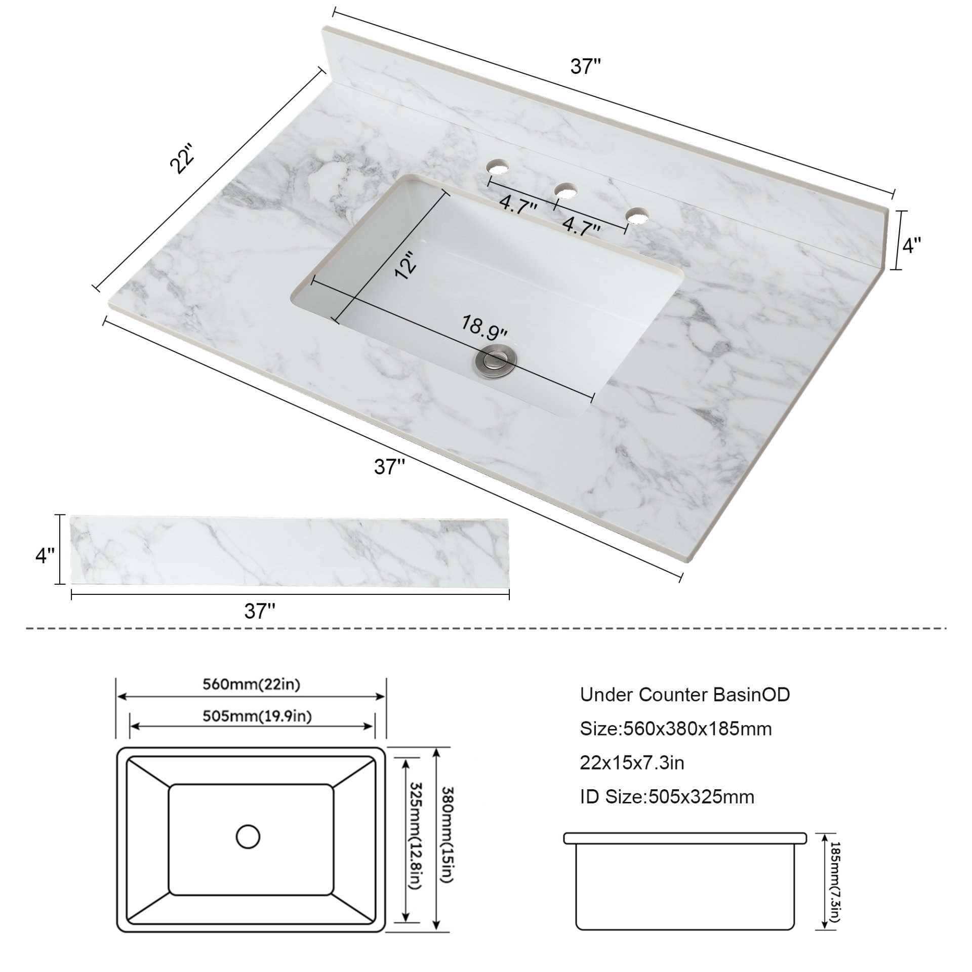 Elegant Sintered Stone Bathroom Vanity Top With Rectangular Undermount Ceramic Sink Carra - White - Image 3