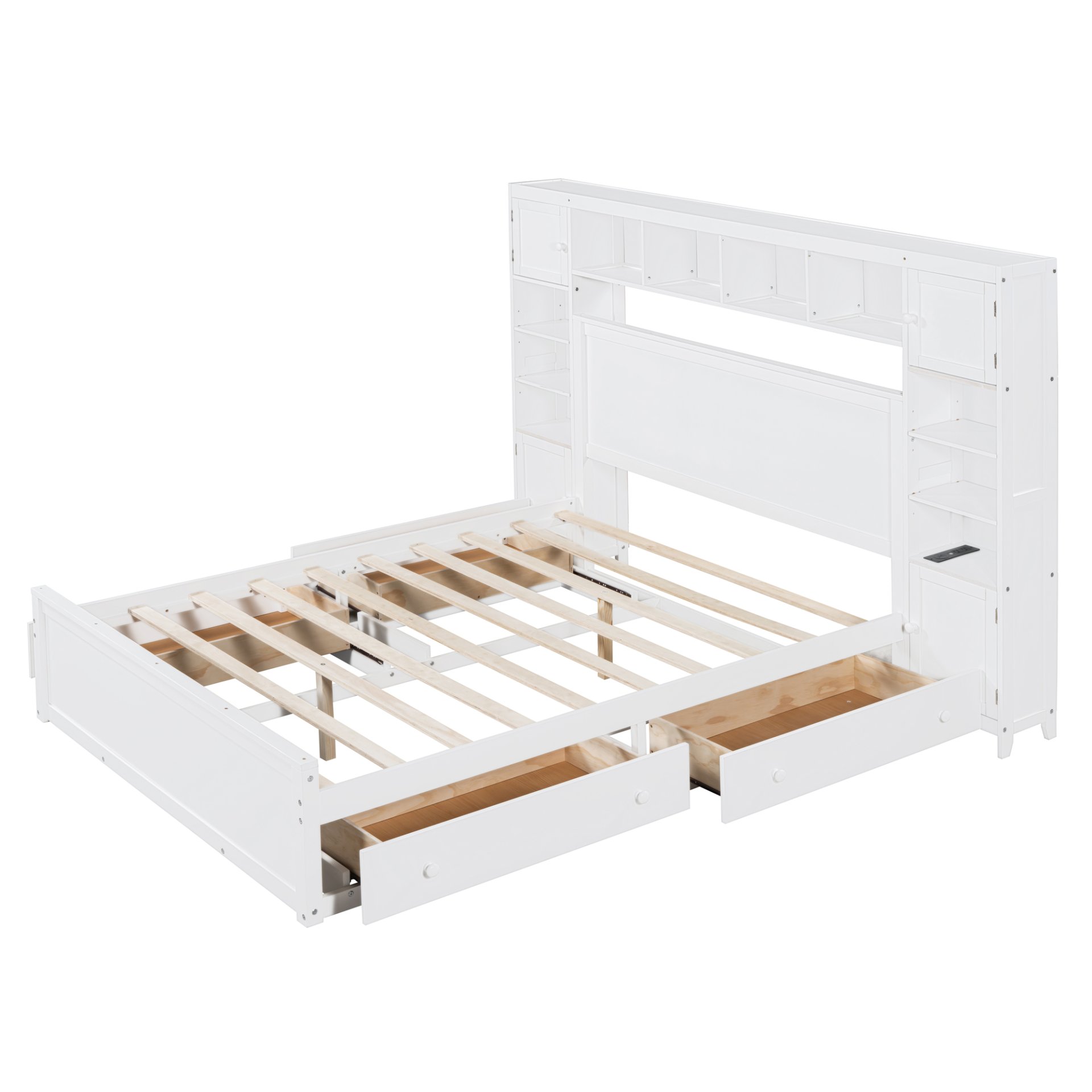 Queen Size Bed With All In One Cabinet, Shelf And Sockets - White - Image 4