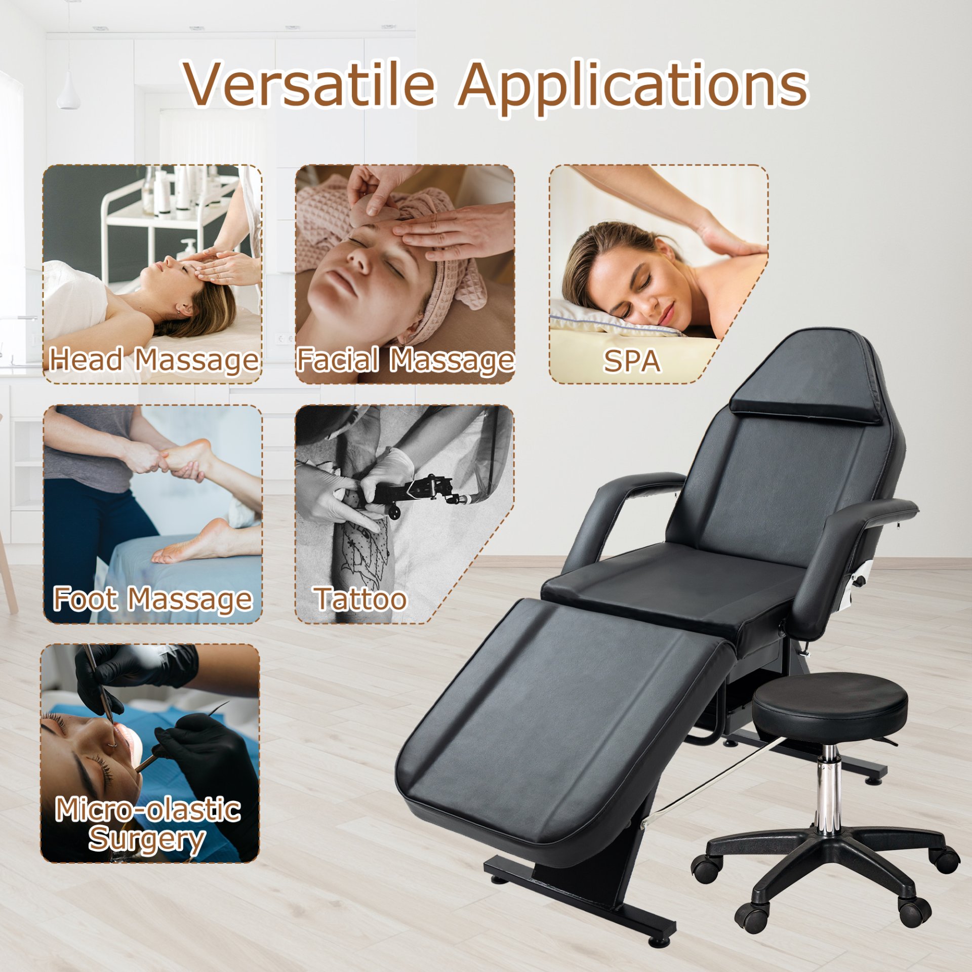 Massage Salon Tattoo Chair With Two Trays Esthetician Bed With Hydraulic Stool, Multi-Purpose 3-Section Facial Bed Table, Adjustable Beauty Barber Spa Beauty Equipment - Black - Image 5