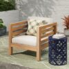 Outdoor Club Chair, Acacia Wood Patio Chair With Fabric Cushion For Backyard, Poolside - Teak / Beige - Image 4