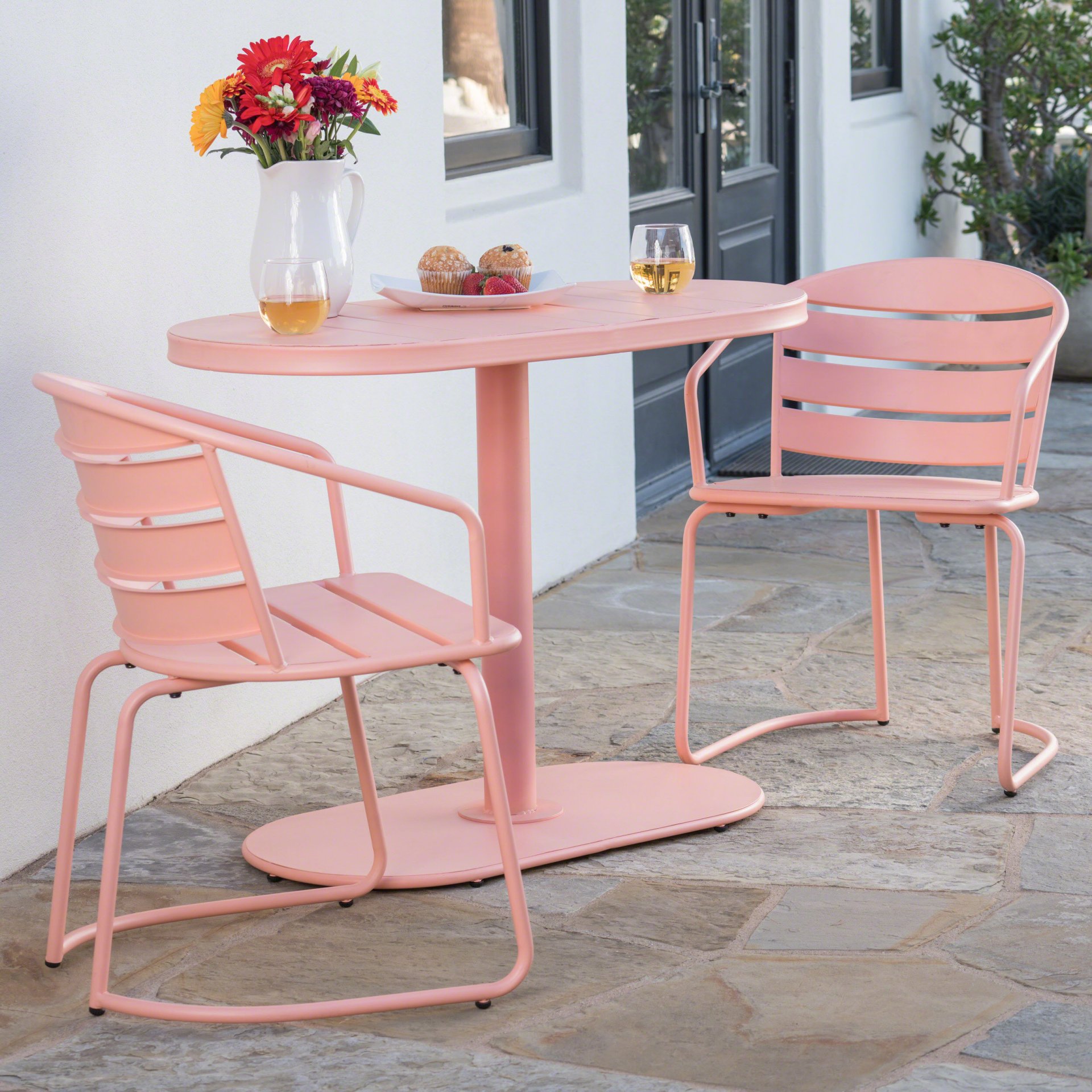 Outdoor Metal Seating Set With Coffee Table And 2 Chairs - Pink - Coral - Image 2