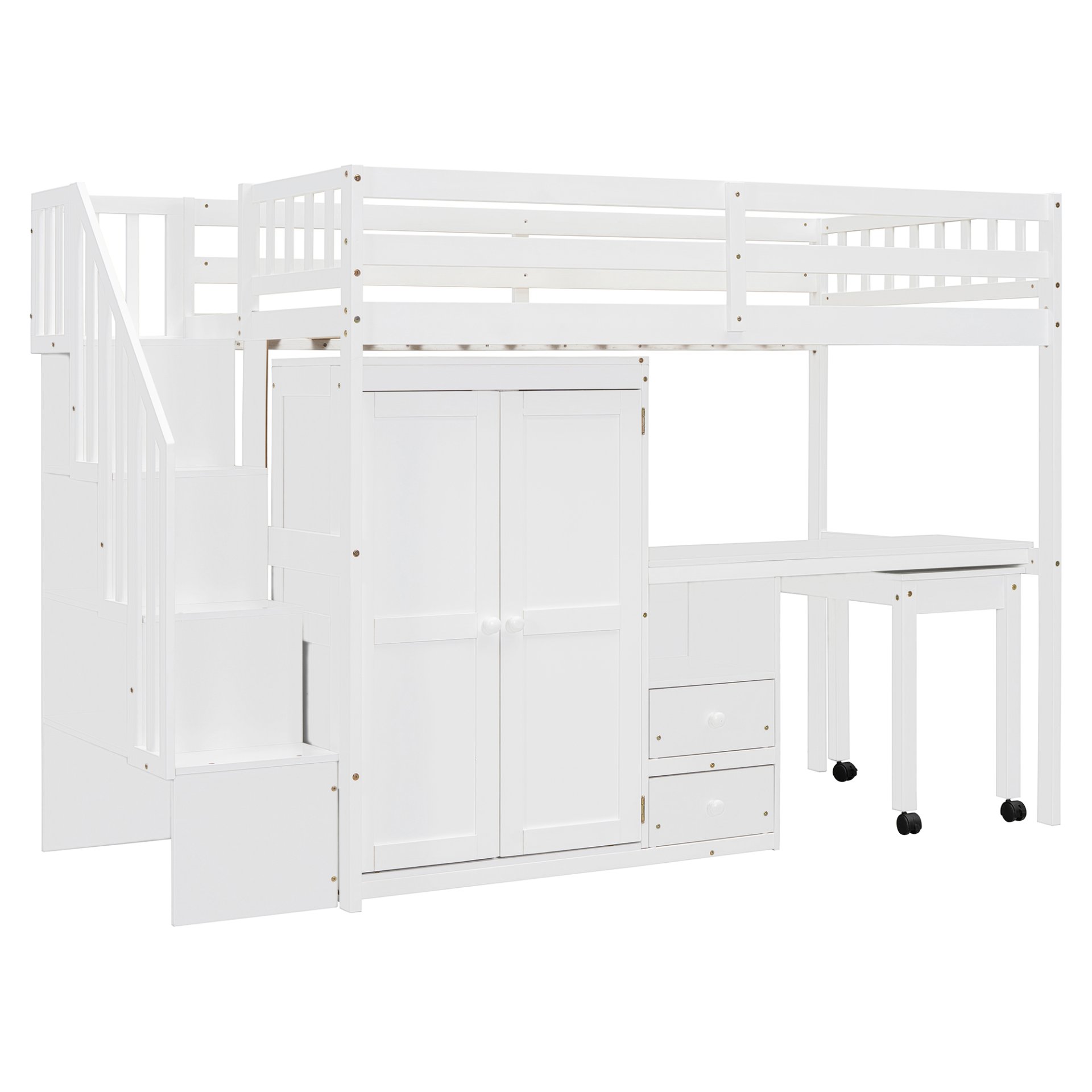 Twin Size Loft Bed With Stairs, Bookshelf, Drawers, Desk & Wardrobe, Space Saving Multifunctional Furniture - White - Image 11