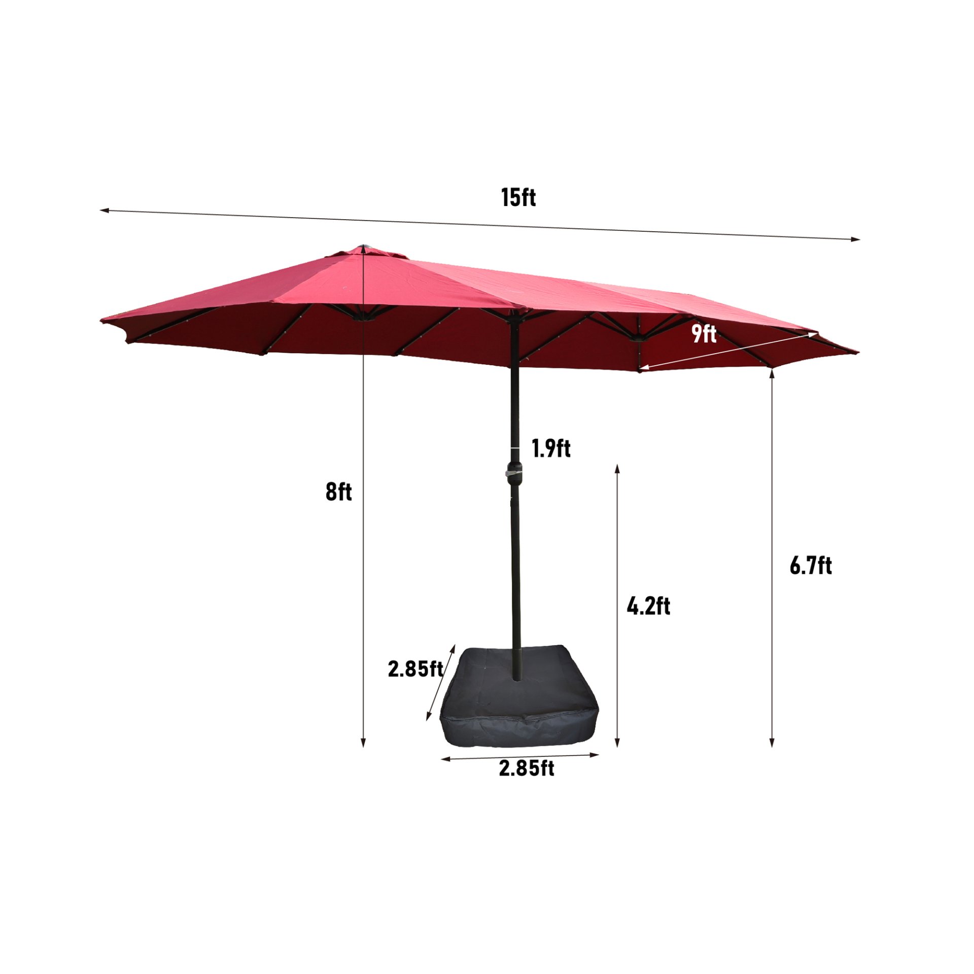 15 X 9 Ft Large Double Sided Rectangular Outdoor Twin Patio Market Umbrella With Light And Base - Red - Image 3