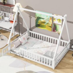 Full Tent-Shaped Floor Bed, With Guardrails, Slats, Door - White