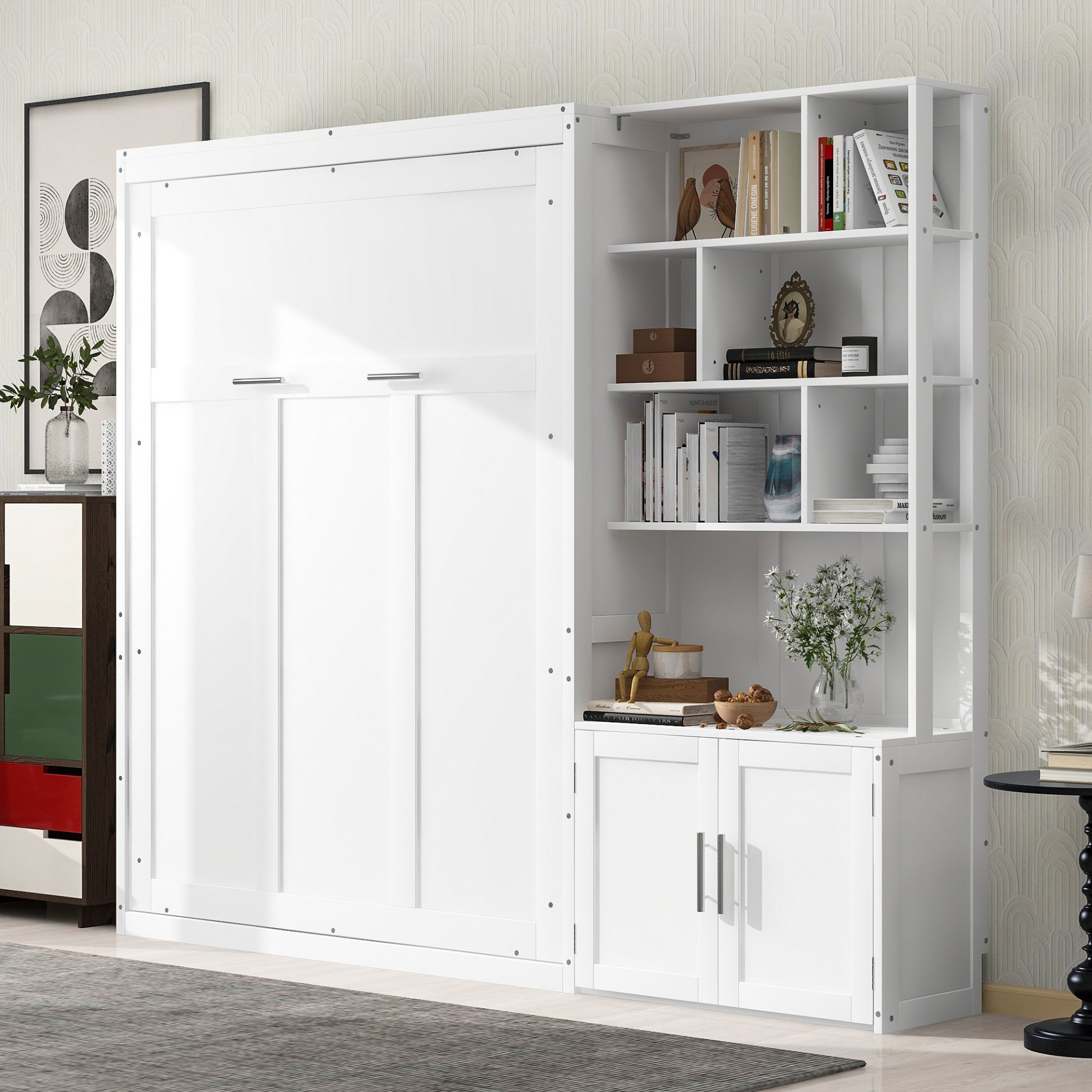Full Size Murphy Bed With Multiple Storage Shelves And A Cabinet - White - Image 5