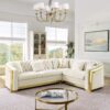 Shaped Chesterfield Sectional Sofa With Stainless Steel Accents Velvet Button Tufted Sofa With 5 Pillows Luxury Couch For Living Room - Beige - Image 3