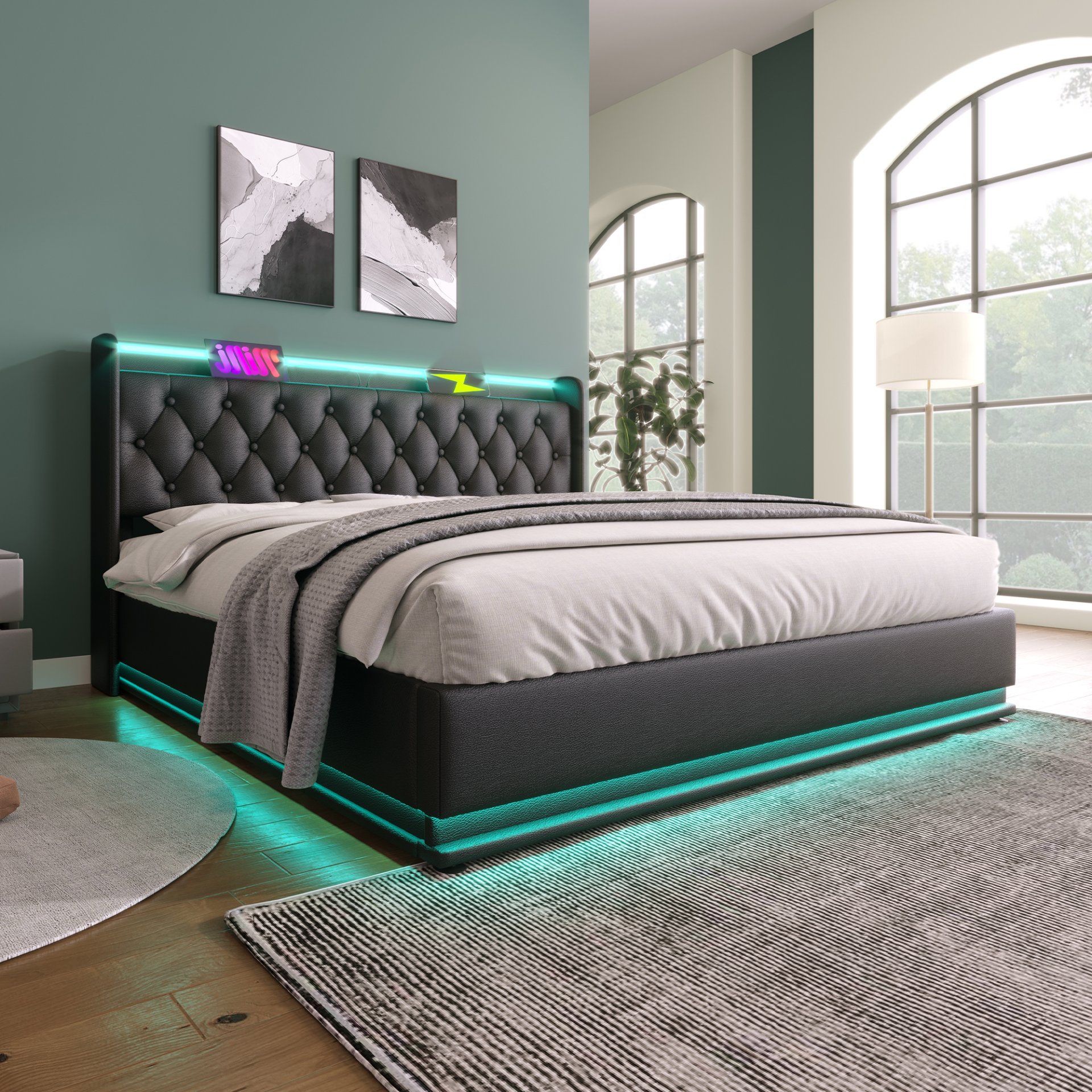 King Size Upholstered Bed, 360 Surround LED Function, Buttons / Apps / Remote Control, Hydraulic Storage Bed With USB Type-C Charging (Without Mattress) - Black - Image 10