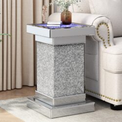 Square Mirrored End Table With Led Lights, Modern Side Table With Crushed Diamond For Living Room - Silver