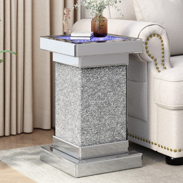 Square Mirrored End Table With Led Lights, Modern Side Table With Crushed Diamond For Living Room - Silver