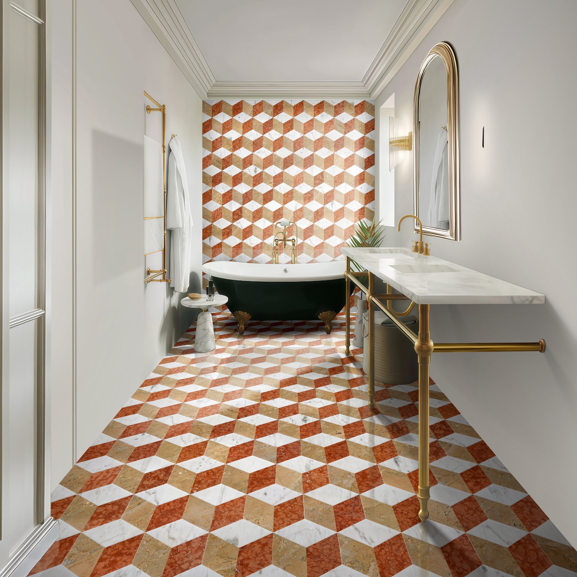 Hexagon Water Jet Marble Tiles For Floor And Wall Polished Stone - Red / White / Gold - Image 8