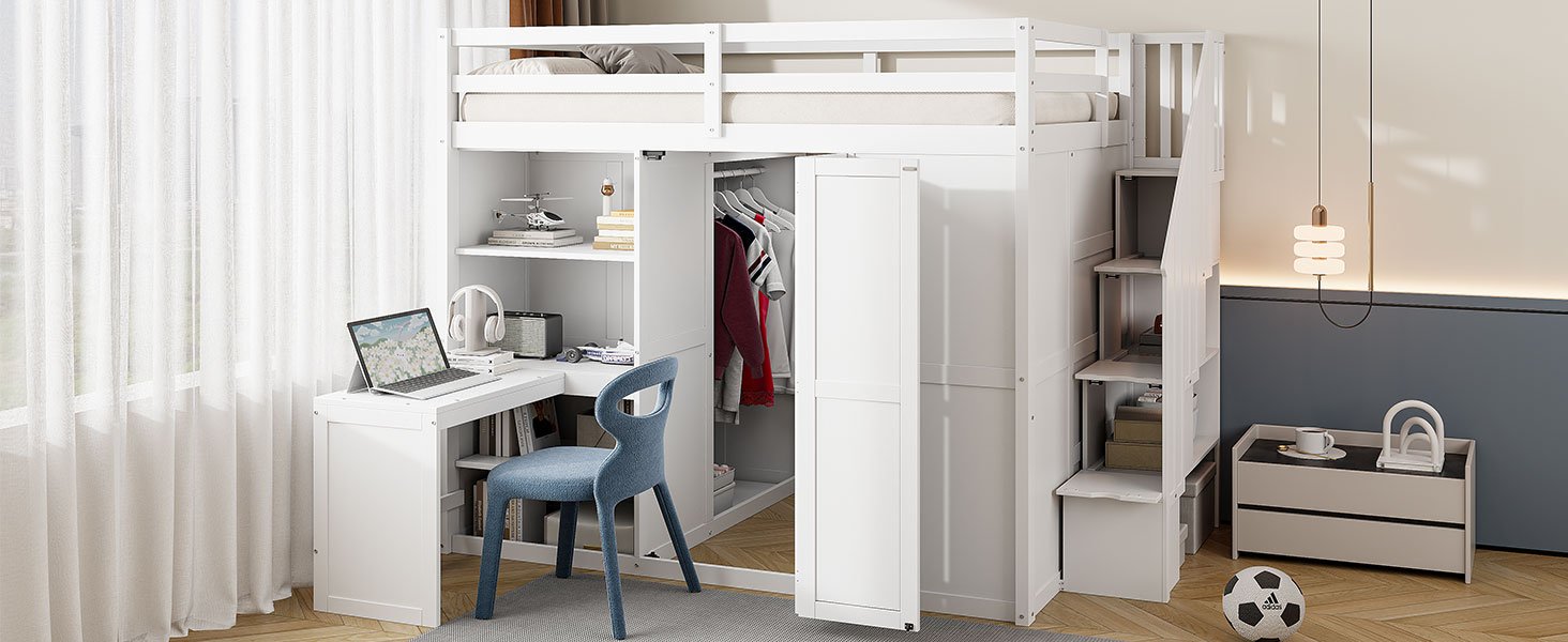 Full Size Loft Bed With Wardrobe, Desk And Shelves - White - Image 19