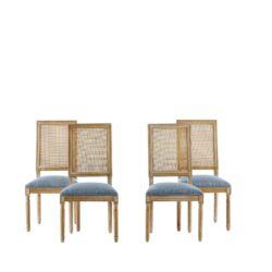 French Country Dining Chairs (Set of 4) Elegant Cane Backrest & Upholstered Seats Rustic Weathered Solid Rubberwood Frame - Slate Blue