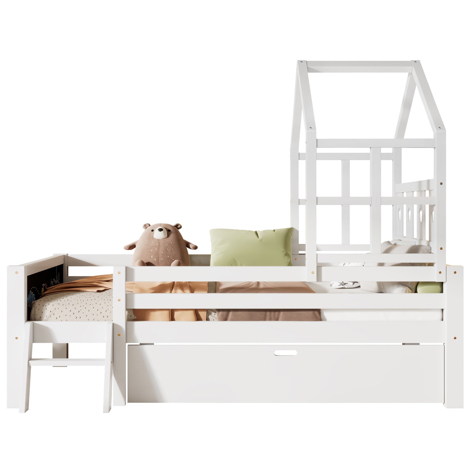 Twin Size House Bed With Ladder, Storage Drawers, And Blackboard Design - White - Image 12