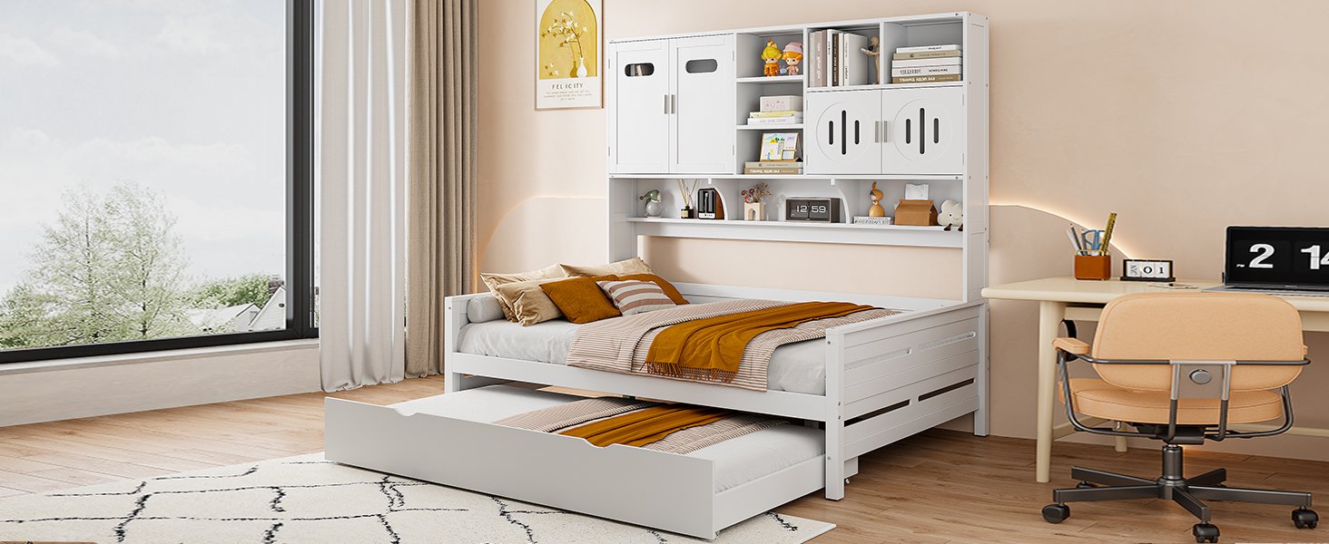 Full Size Wooden Daybed With Twin Size Trundle, And All In One Cabinet And Shelf - White - Image 20
