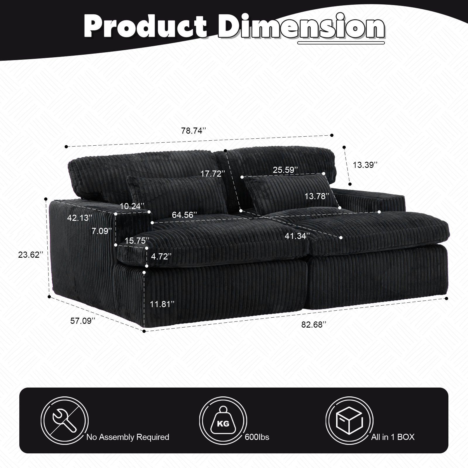 Double Chaise Lounge Chair Indoor, Oversized Upholstered Sleeper Cloud Couch, Deep Seat Sofa Bed - Black - Image 3