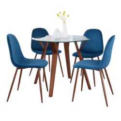Folia - 5 Piece Round Pebble Mid-Century Modern Dining Set - Walnut / Blue