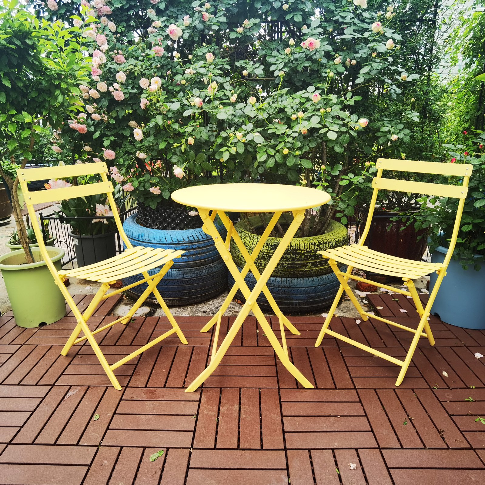 3 Piece Patio Bistro Set Of Foldable Round Table And Chairs - Yellow - Image 2