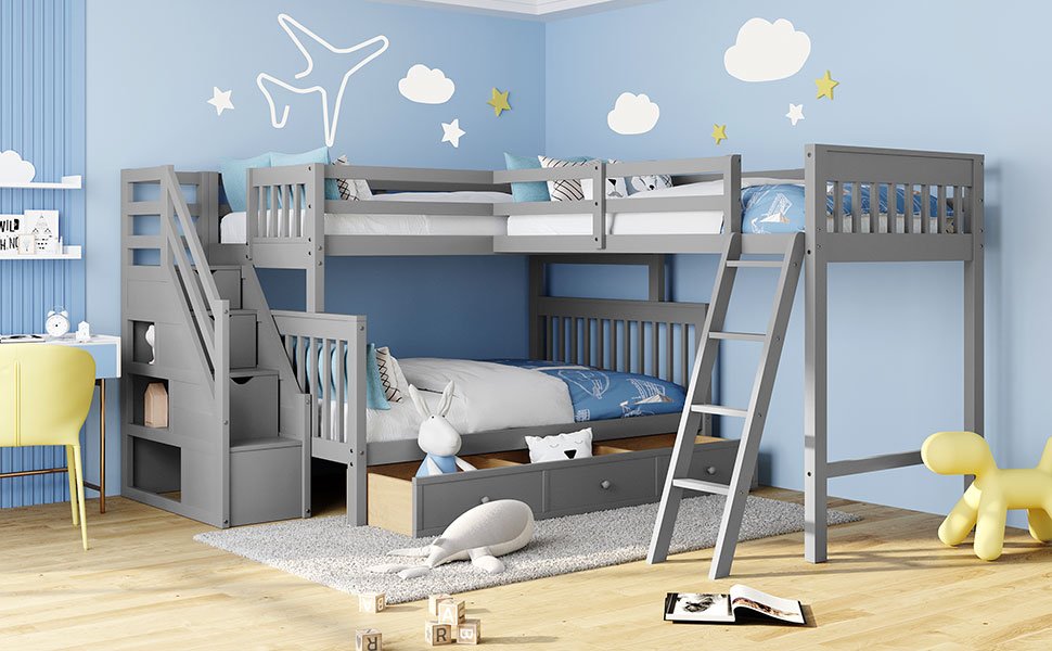 Twin Over Full L Shaped Bunk Bed & 3 Drawers, Ladder And Staircase - Gray - Image 18