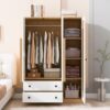 3 Doors Rattan Wardrobe Storage For Bedroom, With 2 Drawers - White / Nature - Image 9