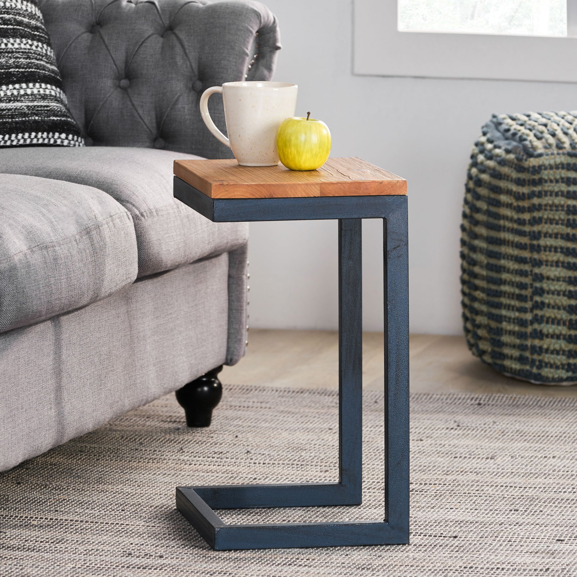Small C Shaped End Table With Iron Base And Fir Wood Top - Black - Image 5