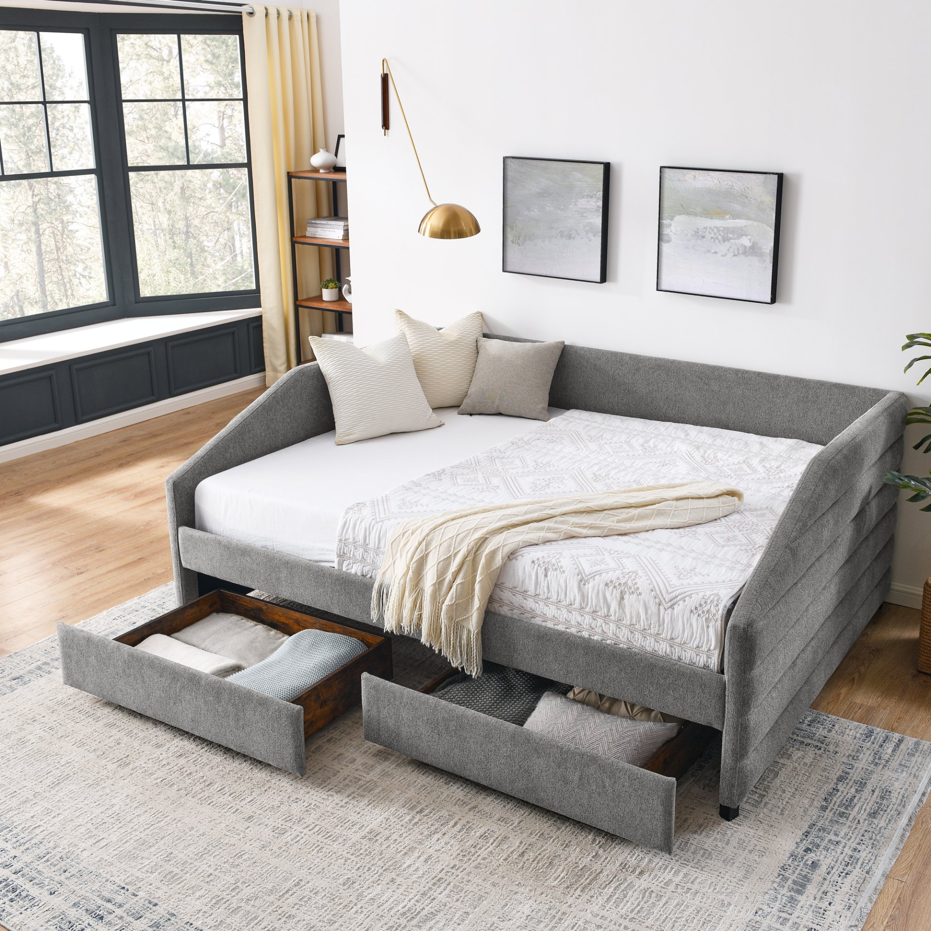 Upholstered Tufted Queen Size Daybed With 2 Drawers Trundle - Gray - Image 5