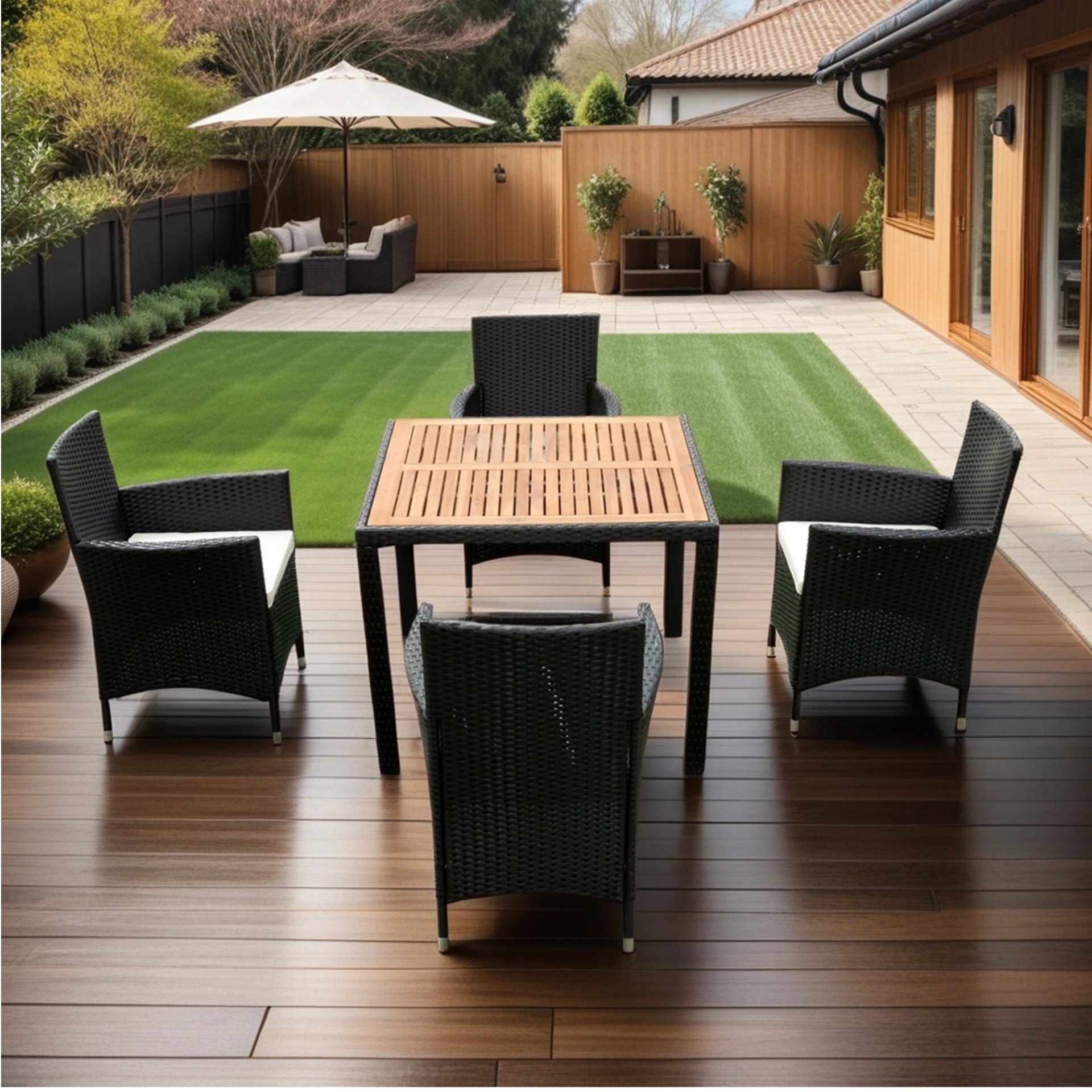 5 Piece Outdoor Patio Wicker Dining Set Patio Wicker Furniture Dining Set With Top - Black / Creme - Image 5