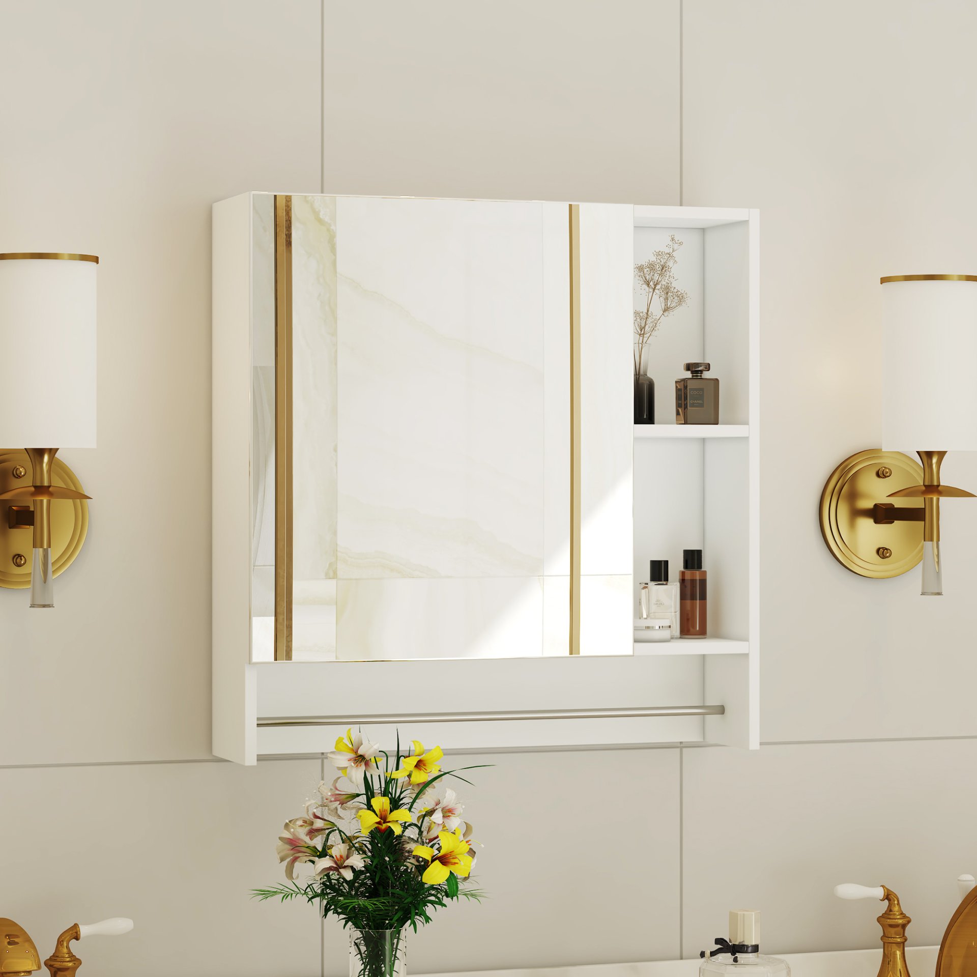 Wall Mounted Bathroom Storage Cabinet With Mirror Door, Medicine Cabinet, Over The Toilet Storage Cabinet With Shelves And Towel Rack - White - Image 2