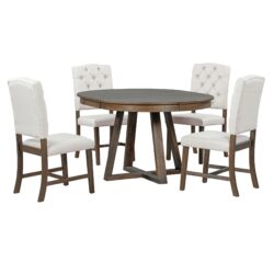 5 Piece Retro Functional Dining Set, Round Table With Leaf And 4 Upholstered Chairs For Dining Room And Living Room - Walnut