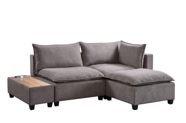 Madison - Fabric Sectional Loveseat Ottoman With USB Storage Console Table - Light Gray