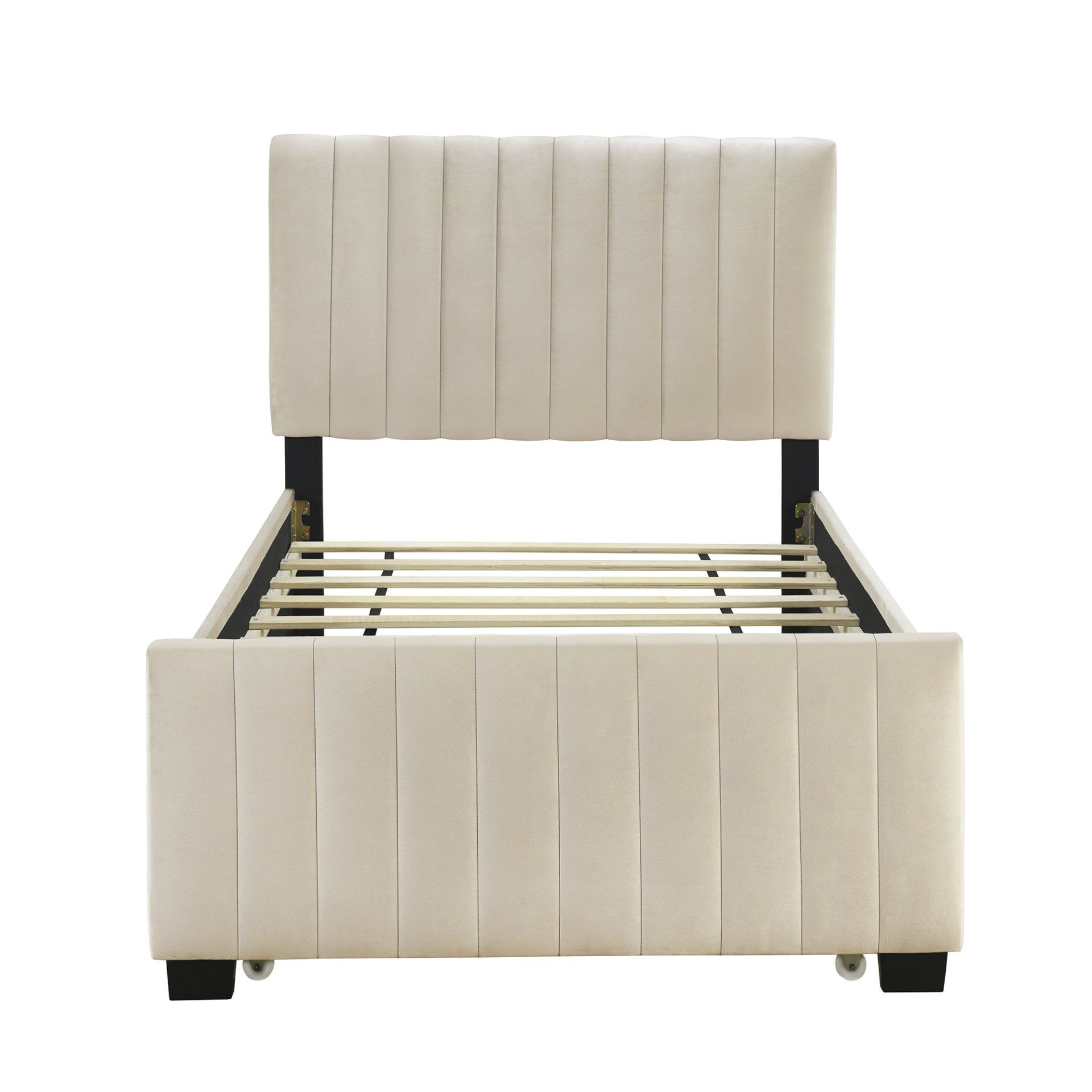 Twin Size Upholstered Platform Bed With Twin Size Trundle - Beige - Image 6