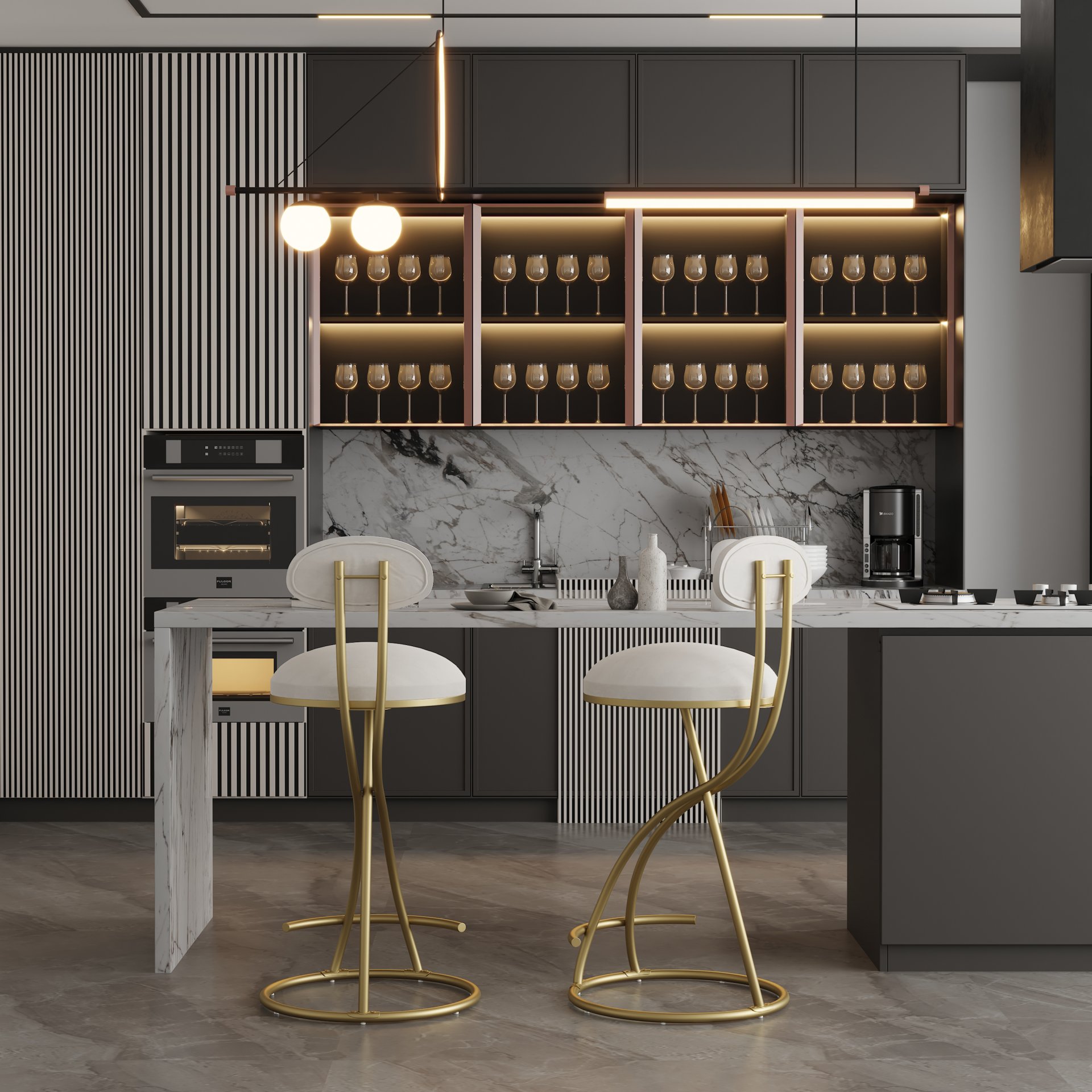 Round Bar Stool Armless Velvet Barstools With Back (Set of 2) Upholstered Counter Chair For Dining Room, Kitchen Island - Gold / Creamy White - Image 6