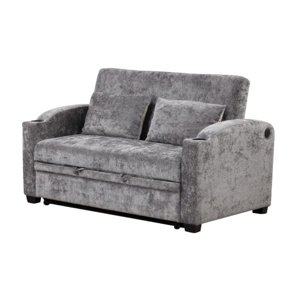 Pull Out Sofa Bed Modern Chenille Convertible Loveseat Sofa With Adjsutable Backrest, 2 Pillows, Cup Holders, USB Ports For Living Room, Apartment - Gray