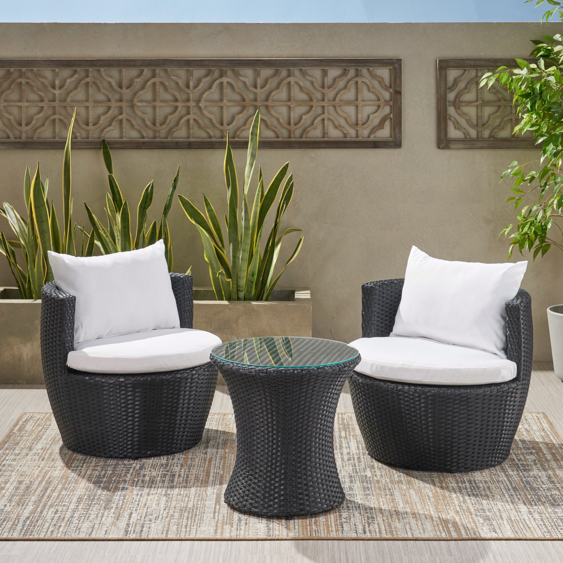 Kono - Outdoor 3 Pieces Chat Set With Cushions And Tempered Glass Tabletop - Black / Ivory - Image 4