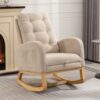Accent Rocking Chair With Footrest High Back Rubber Wood Rocking Legs Bedroom Living Space - Beige - Image 6