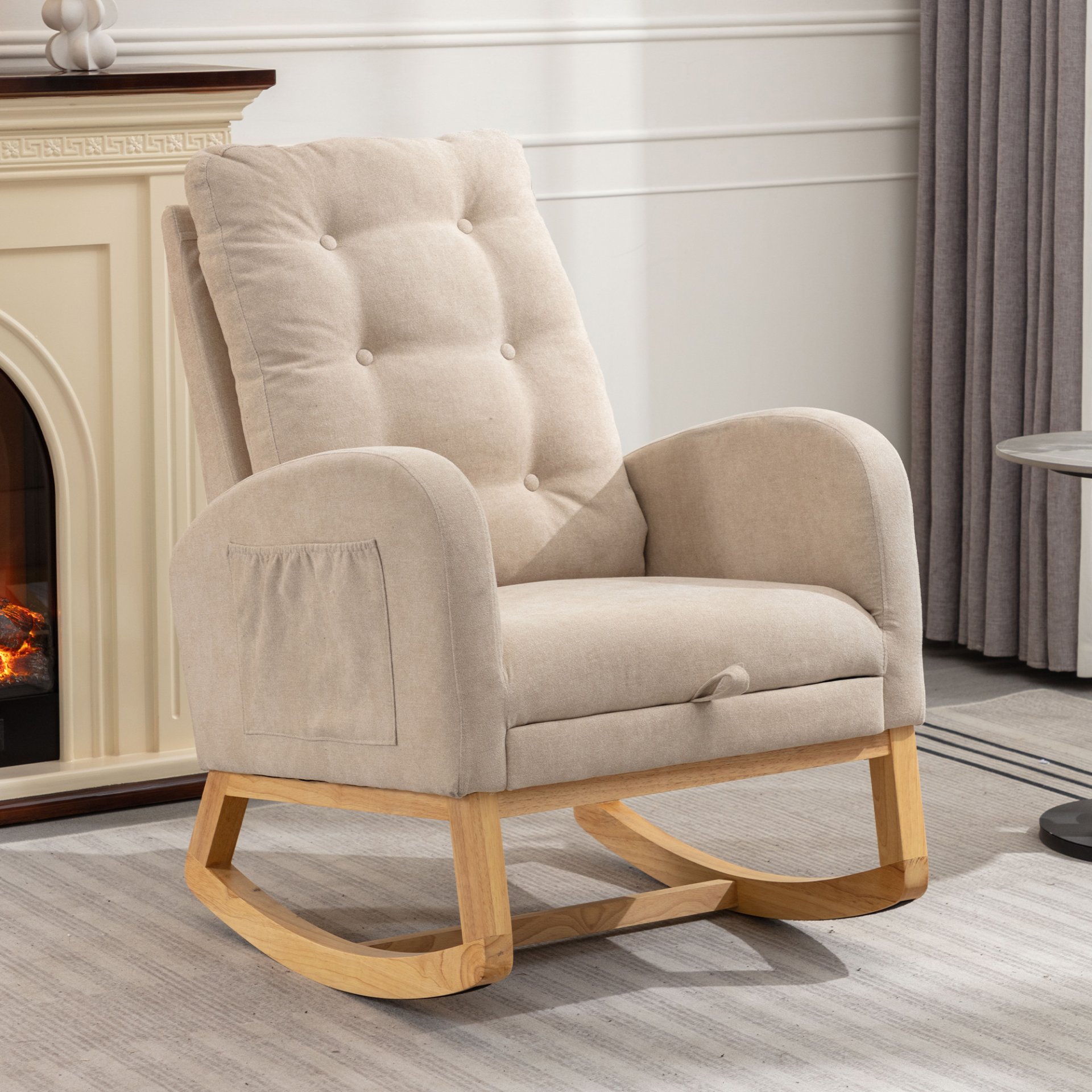 Accent Rocking Chair With Footrest High Back Rubber Wood Rocking Legs Bedroom Living Space - Beige - Image 6