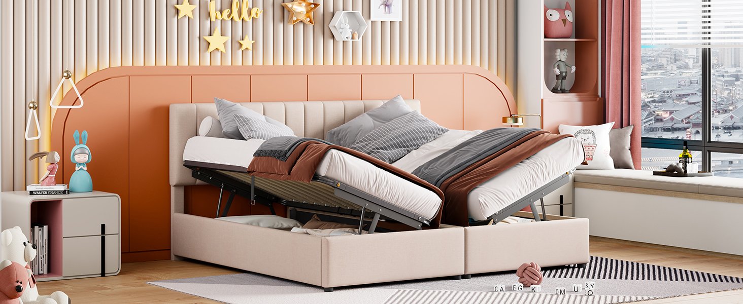 King Size Upholstered Platform Bed With A Hydraulic Storage System - Beige - Image 21
