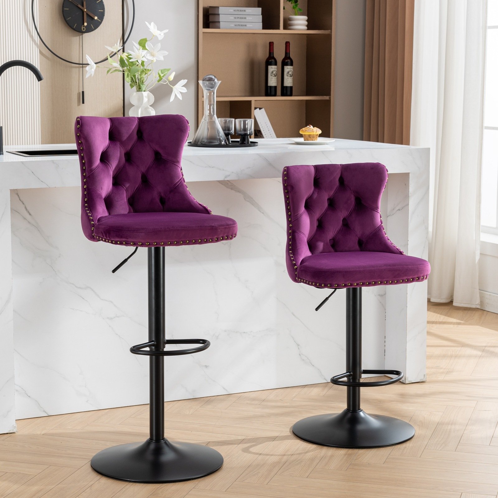 Swivel Velvet Barstools Adjusatble Seat Height, Modern Upholstered Bar Stools With Backs Comfortable Tufted For Home Pub And Kitchen Island (Set of 2) - Purple - Image 16