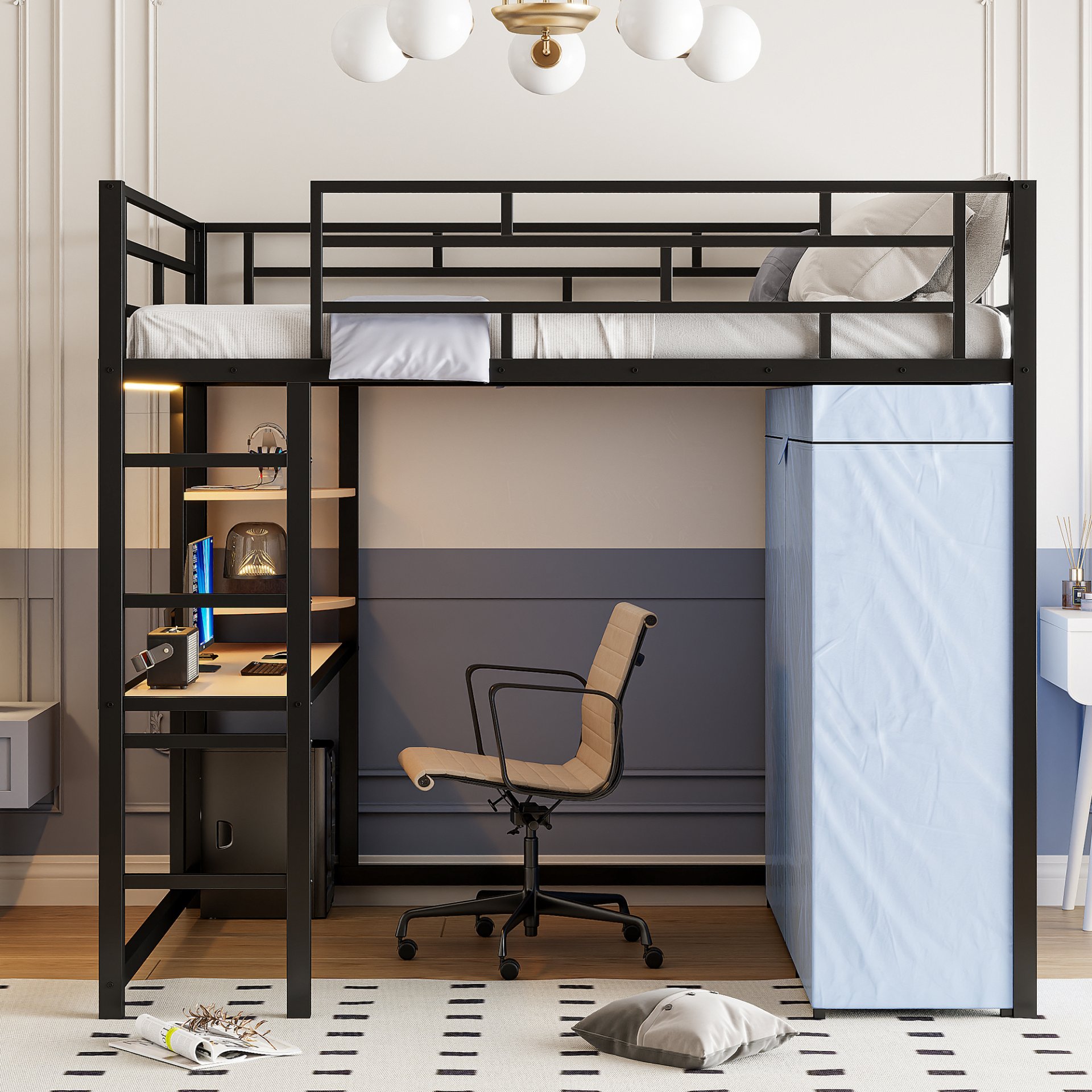 Full Size Loft Bed With Desk, Shelves, Power Outlet, LED Light And Wardrobe - Black - Image 2