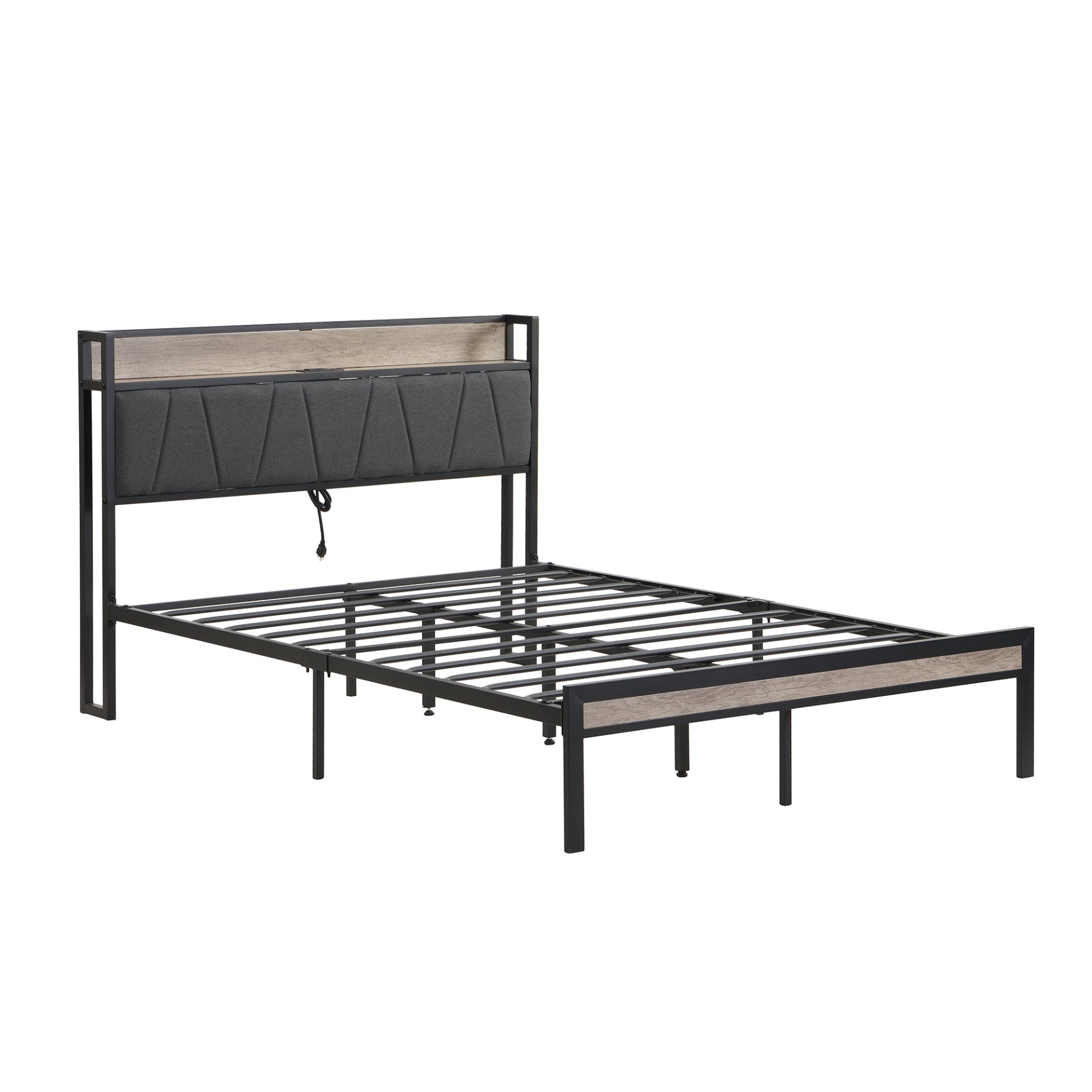 Modern Full Size Metal Platform Bed Frame With Upholstered Storage Headboard USB Ports And Footboard - Beige / Black - Image 7