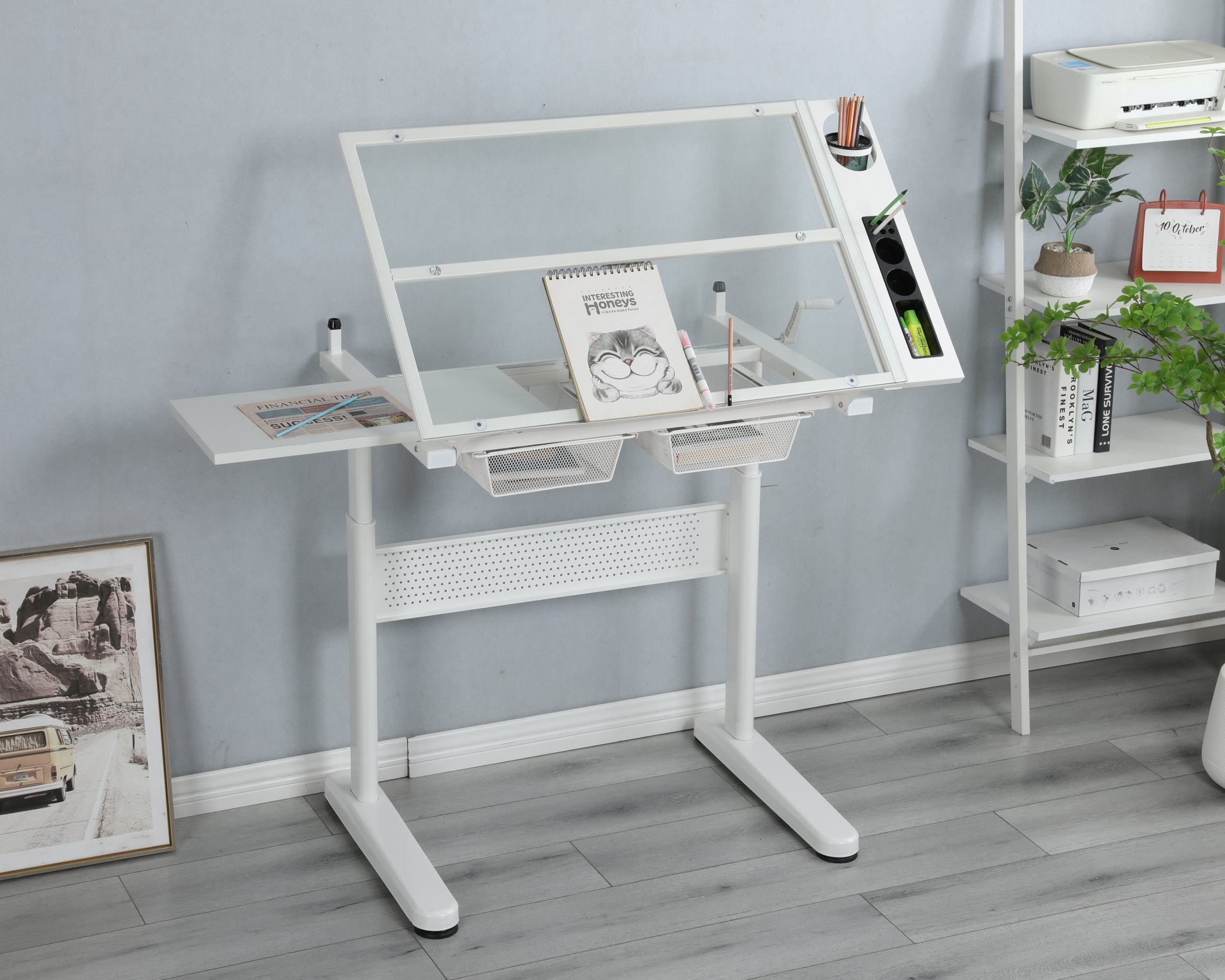 38.18" Hand Crank Adjustable Drafting Table Drawing Desk With 2 Metal Drawers With Stool - White - Image 6